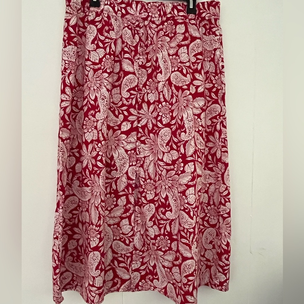 LOFT Paisley Button Pull On Midi Skirt in Tango Red Size Large
